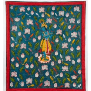 Hand-painted Krishna Pichwai artwork depicting traditional Indian devotional painting with intricate detailing and vibrant natural colors