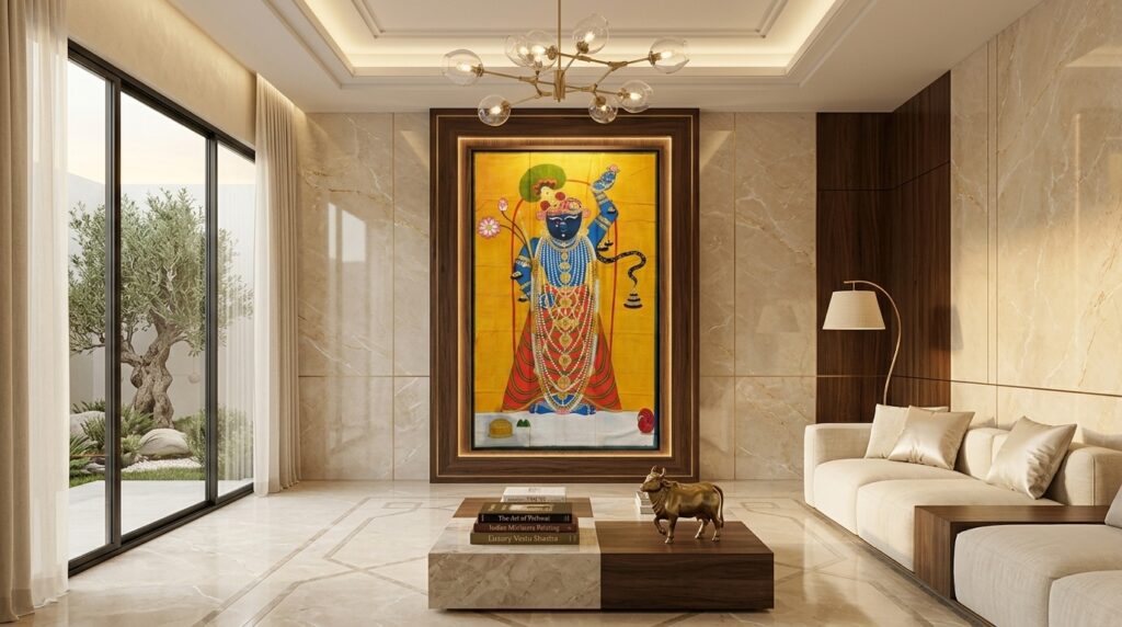 Pichwai painting showing Shrinathji with lotus, cows and peacocks – traditional Krishna art from Rajasthan