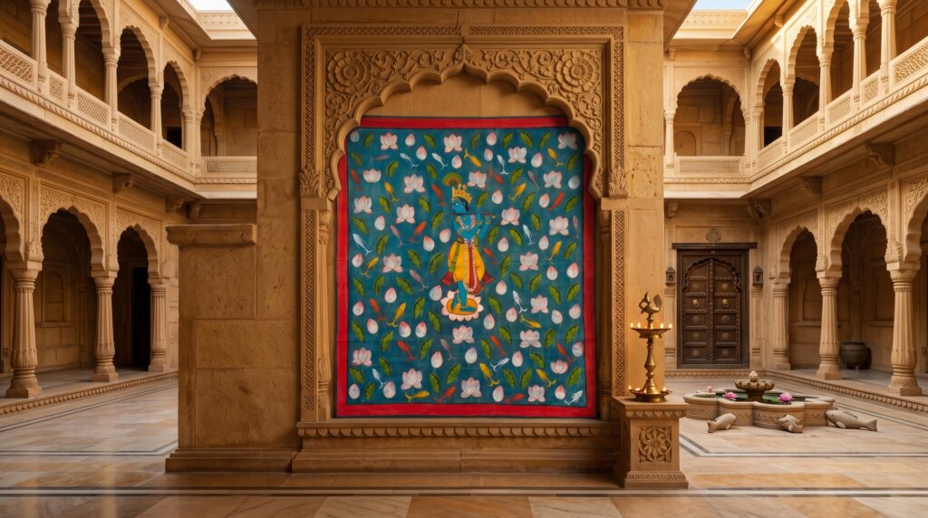 Traditional Pichwai painting showing Lord Krishna Shrinathji with intricate details and vibrant colors