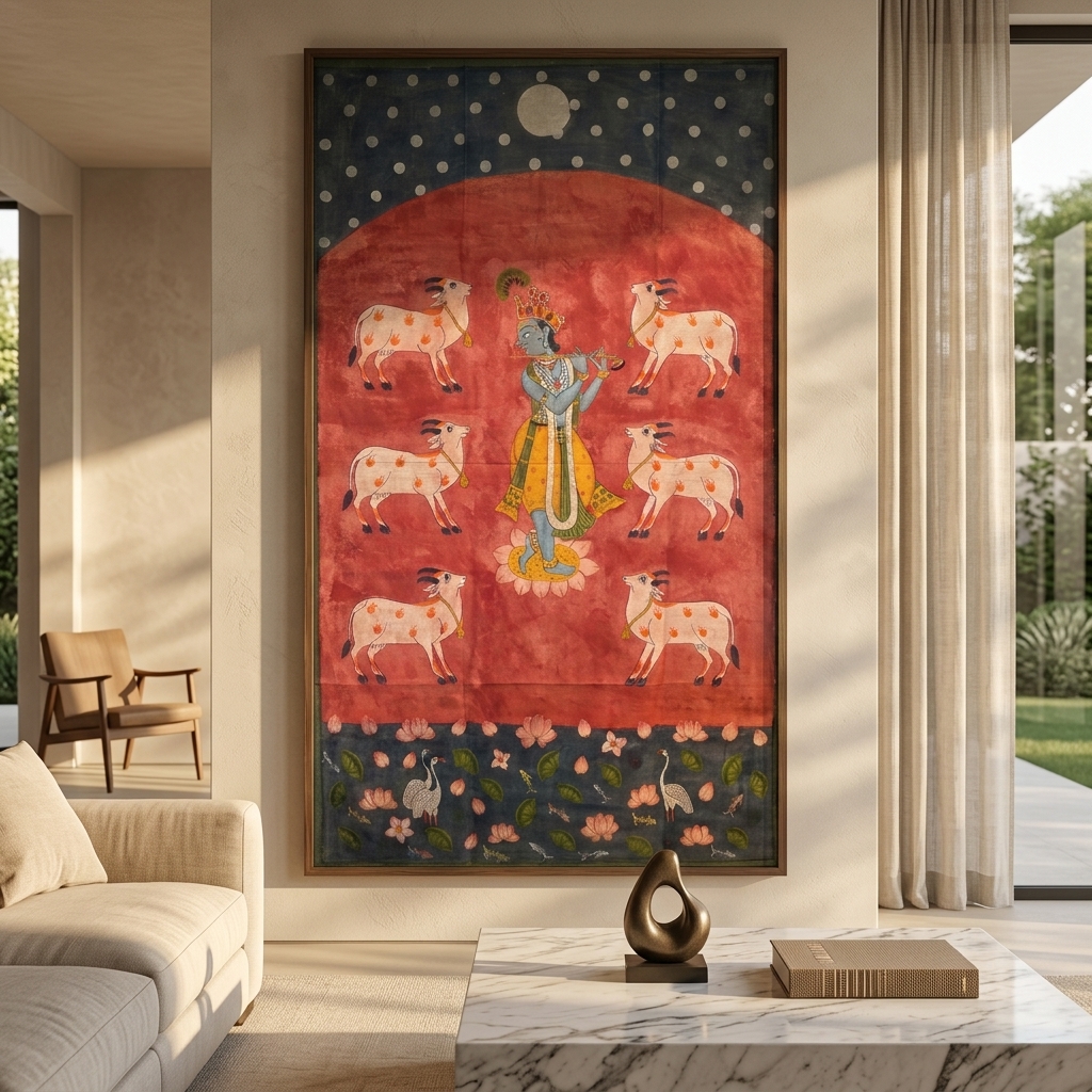 Lord Krishna with 6 Cows on Red Pichwai Background - Image 2