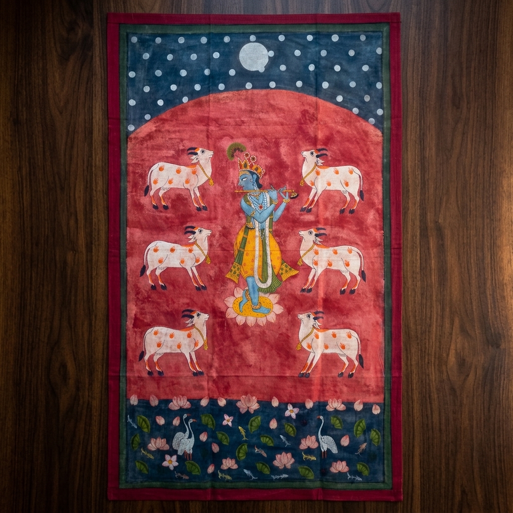Lord Krishna with 6 Cows on Red Pichwai Background - Image 3