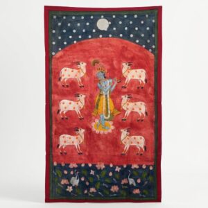Krishna Pichwai Painting featuring Lord Krishna with six sacred cows on red background
