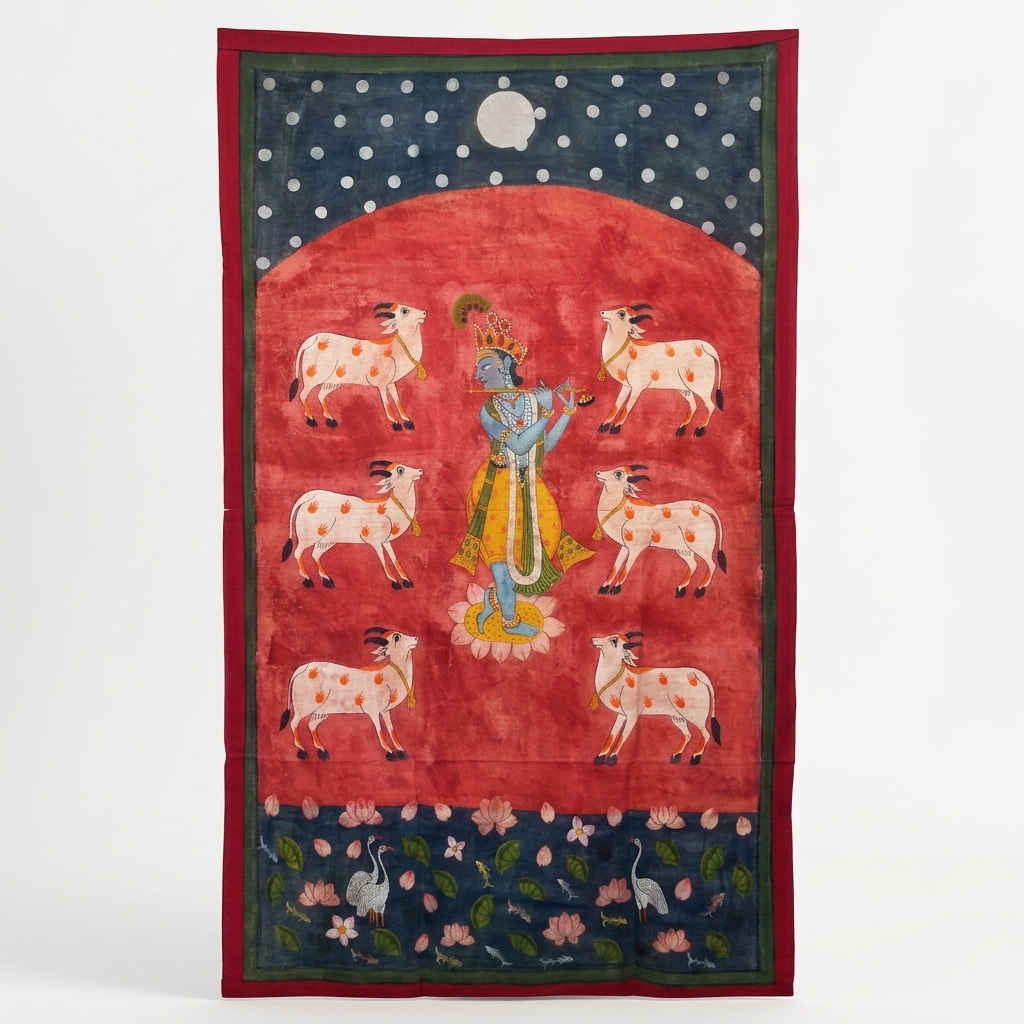 Krishna Pichwai Painting featuring Lord Krishna with six sacred cows on red background