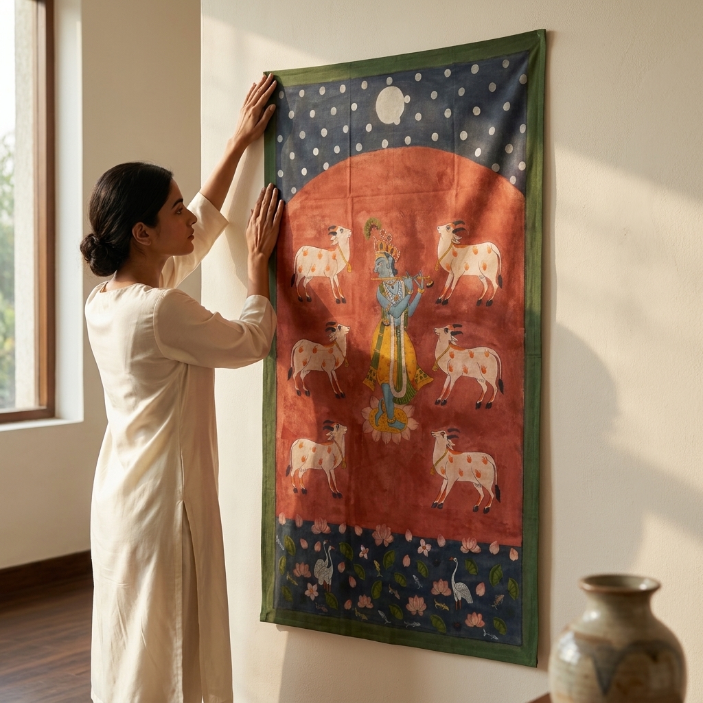 Lord Krishna with 6 Cows on Red Pichwai Background - Image 4