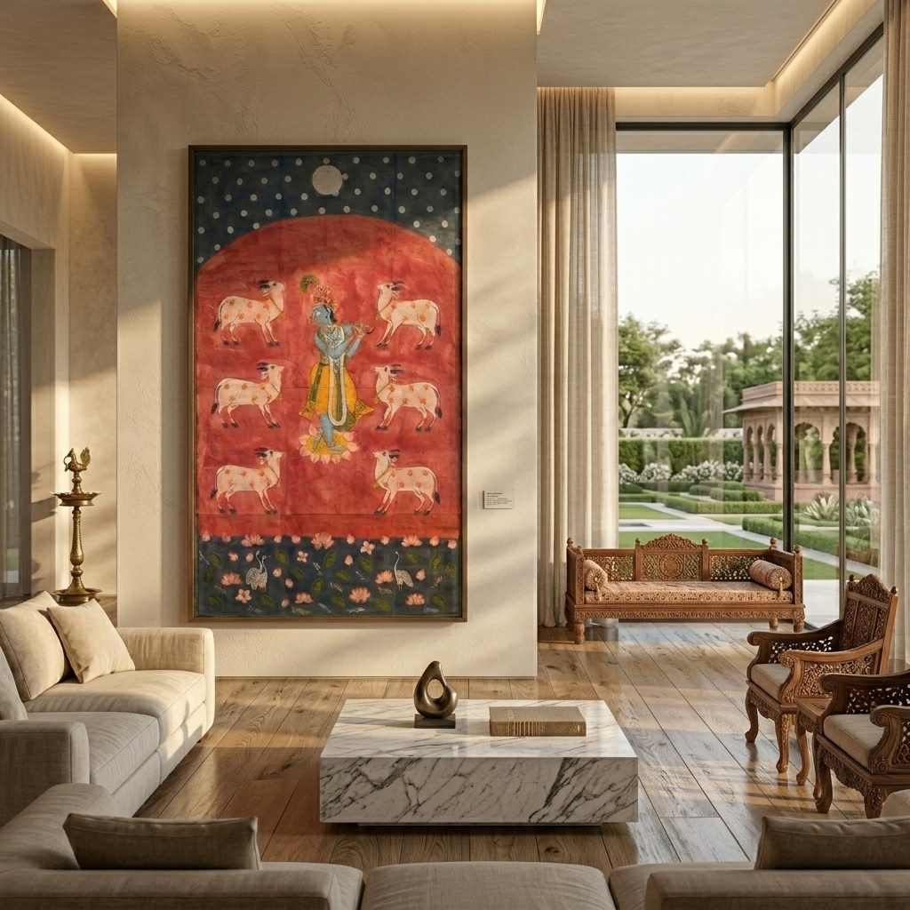 Lord Krishna with 6 Cows on Red Pichwai Background - Image 5