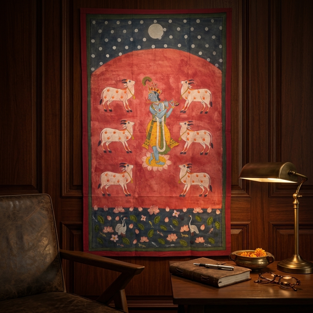 Lord Krishna with 6 Cows on Red Pichwai Background - Image 6