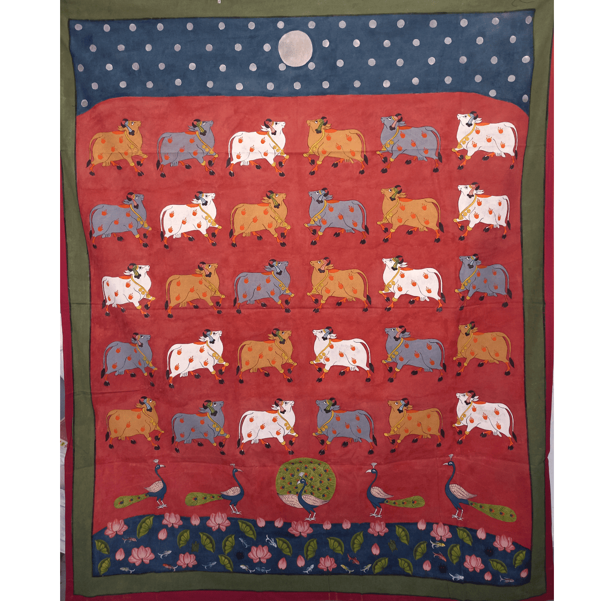 Cow Pichwai Painting featuring sacred cows on a red background