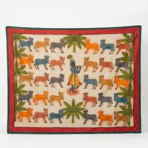Krishna Cow Pichwai featuring Lord Krishna with 30 sacred cows and banana trees