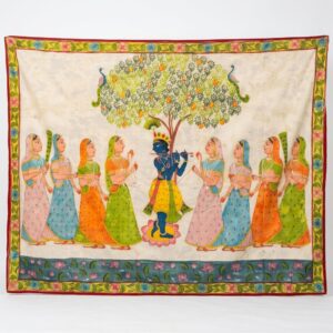 Krishna Gopis Pichwai featuring Lord Krishna with eight gopis under a sacred tree