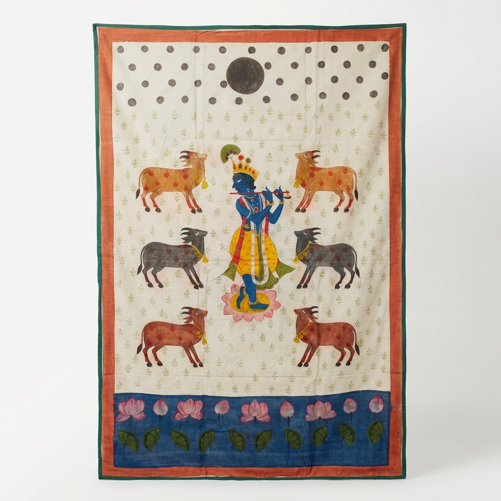 Krishna Pichwai painting with six sacred cows handcrafted in Rajasthan