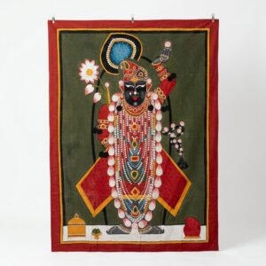 Shrinathji Pichwai featuring Lord Shrinathji in traditional red attire