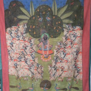 Gopashtami Pichwai painting on hand-painted cotton cloth with traditional motifs