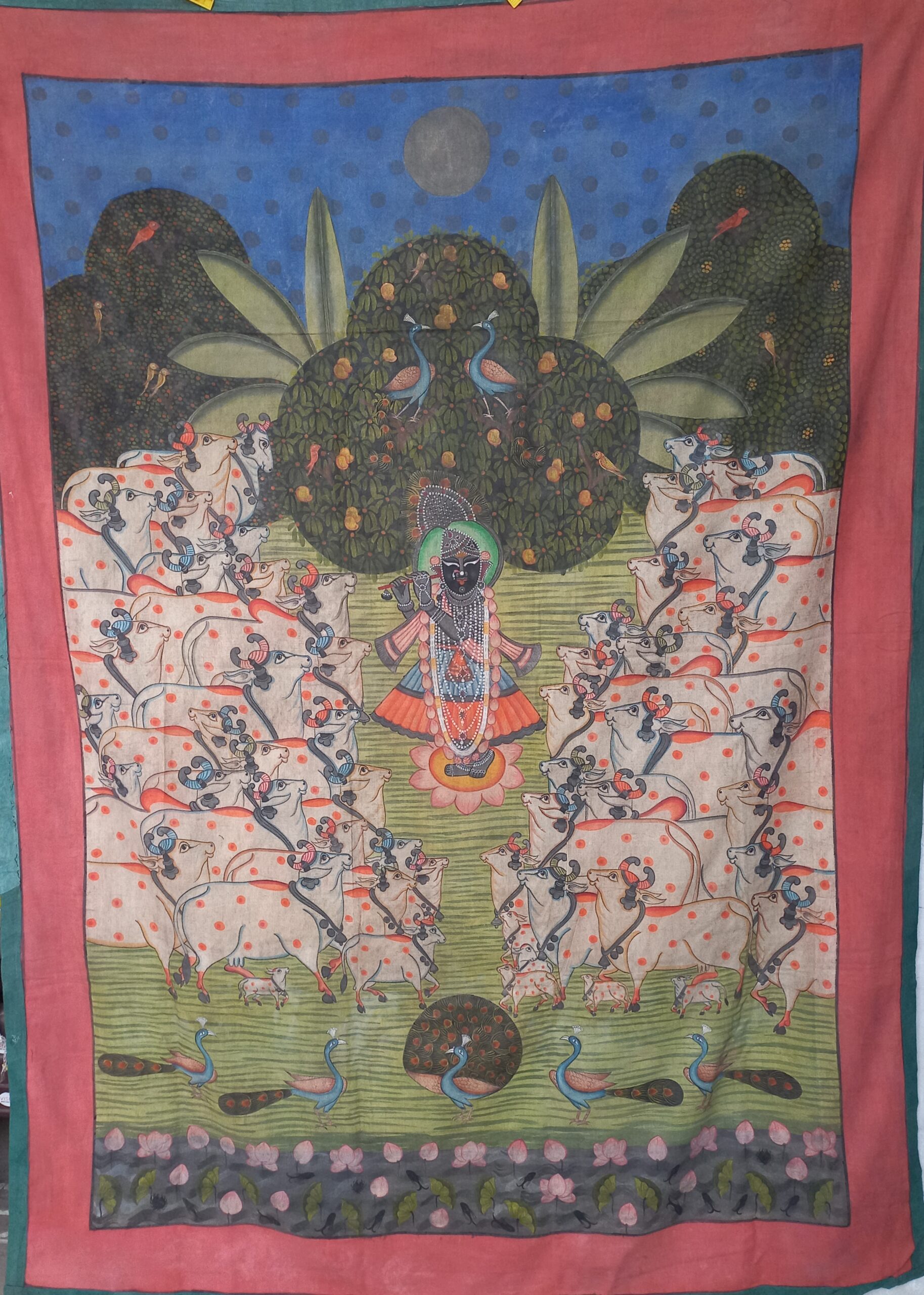 Gopashtami Pichwai painting on hand-painted cotton cloth with traditional motifs