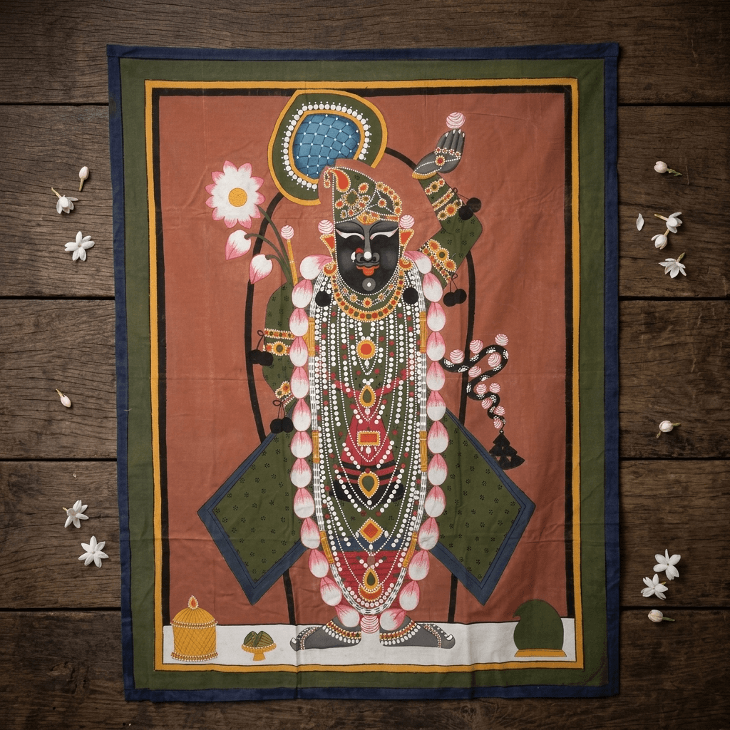 Shrinathji Dark Green Attire Pichwai Painting - Image 3