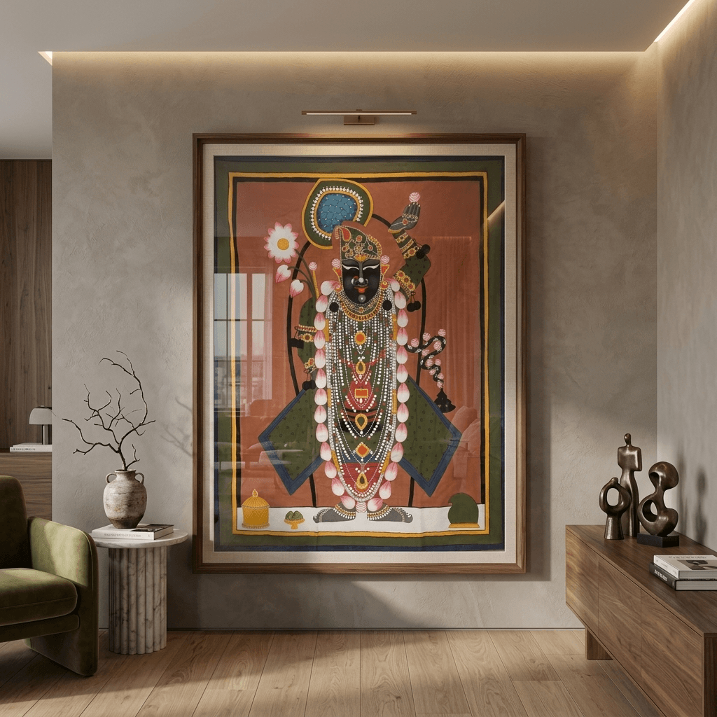 Shrinathji Dark Green Attire Pichwai Painting - Image 5