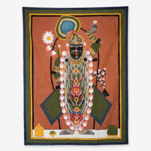 Shrinathji Pichwai featuring Lord Shrinathji in dark green attire on hand-painted cotton cloth