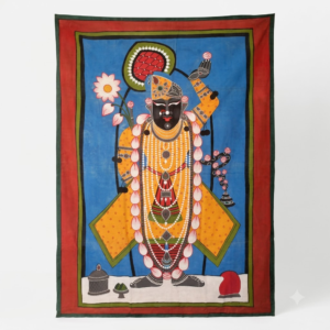 Shrinathji Pichwai Painting featuring yellow attire and a blue background