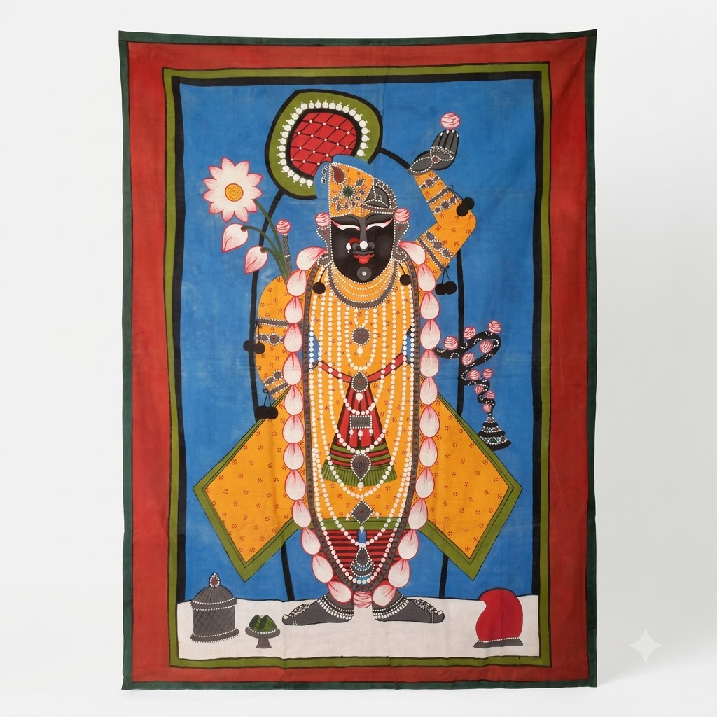 Shrinathji Pichwai Painting featuring yellow attire and a blue background