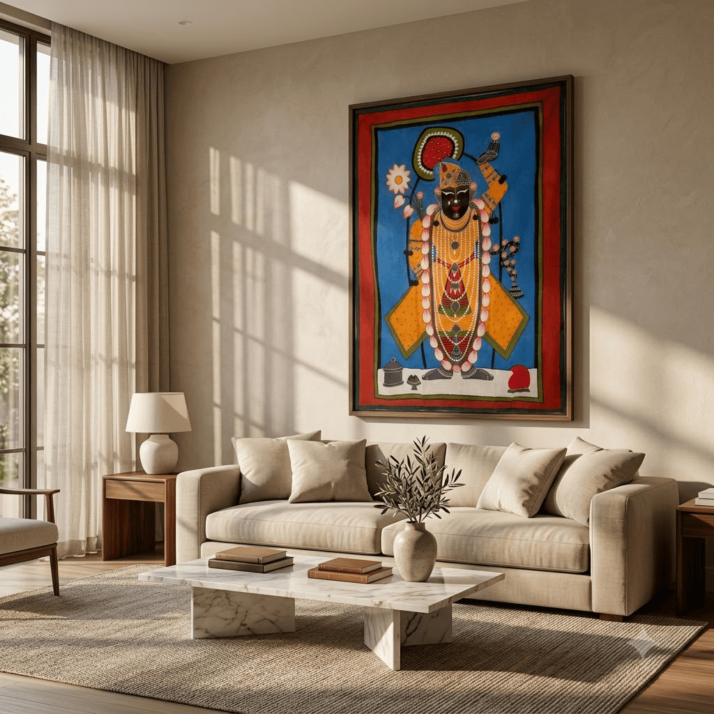 Shrinathji Pichwai Painting - Yellow Attire - Image 3